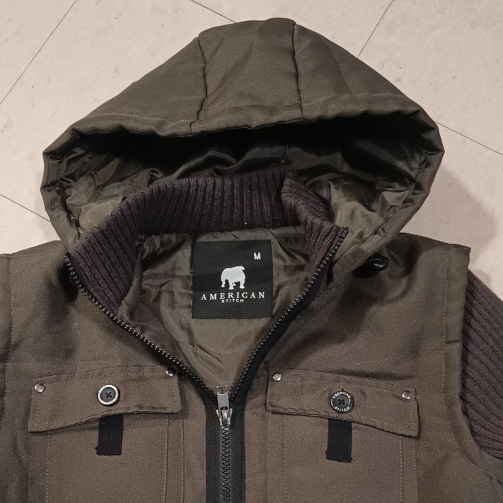American Stitch Olive And Brown Hooded Puffer Jacket Men's Size M Secret Pocket